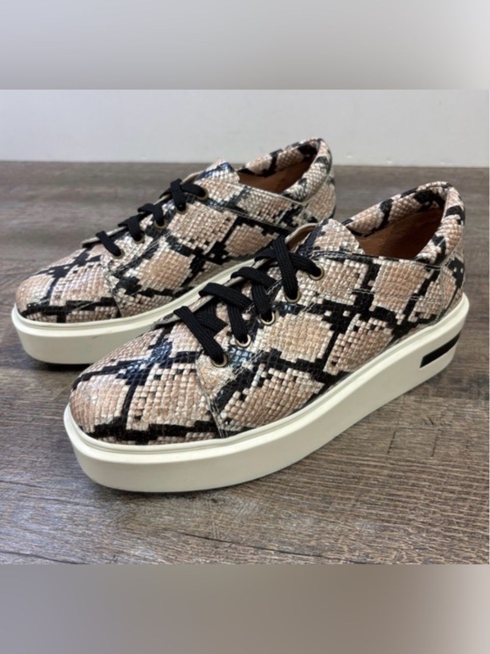 Paolo Beige Snake-Print Platform Sneakers with Black Accents